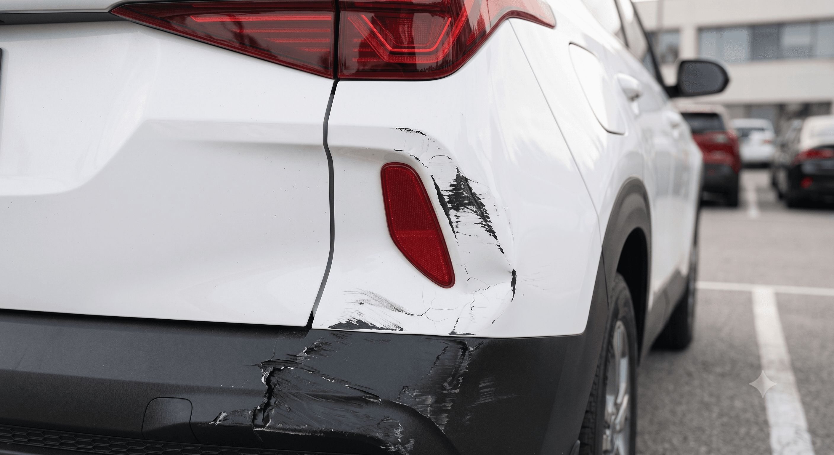 There is a scuff on the back right tail light and a dent on the rear bumper.